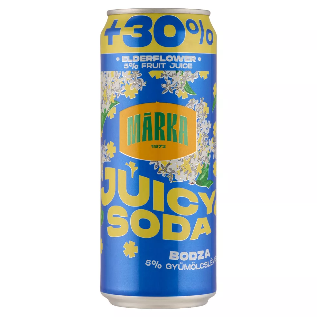 Márka Juicy Soda bodzaízű szénsavas üdítőital cukorral és édesítőszerrel