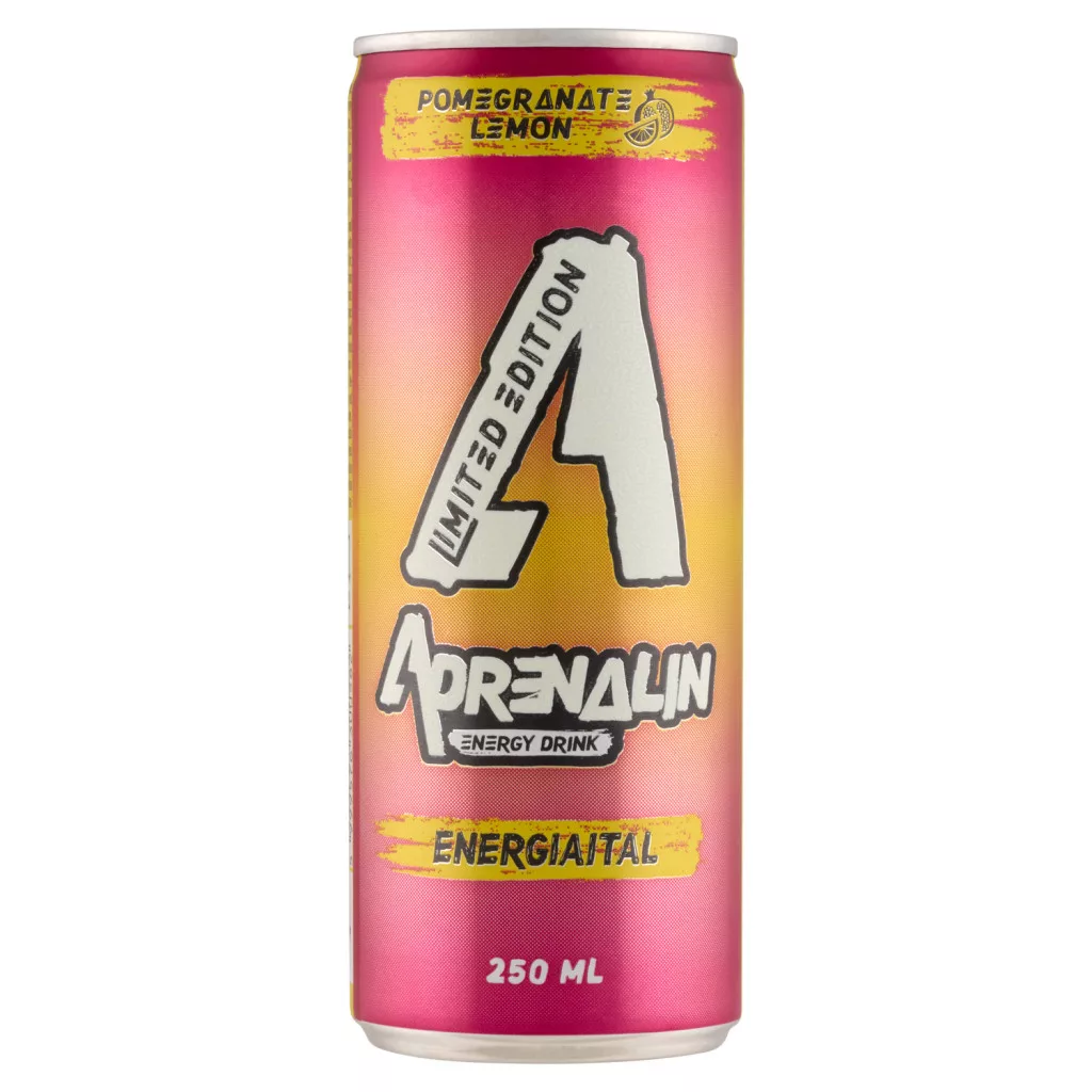 Adrenalin gránátalma-citrom ízű szénsavas energiaital hozzáadott koffeinnel és vitaminokkal