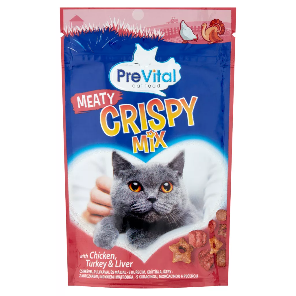 PreVital Crispy Mix jutalomfalatkák macskák számára csirkével, pulykával és májjal