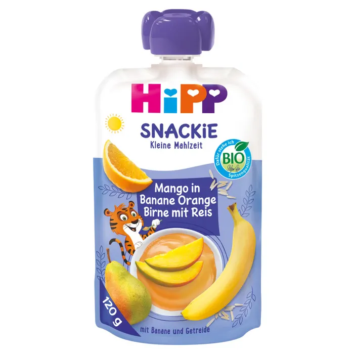 HiPP Snackie mangó banánban narancsban, körtében rizzsel bio gyümölcskészítmény 1 éves kortól