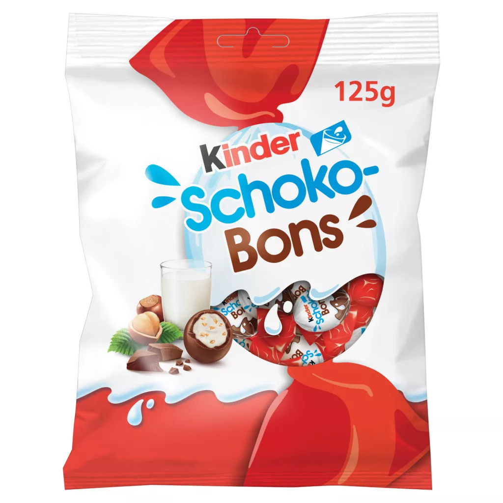 Kinder Schoko-Bons tejcsokoládé bonbonok tejes krémmel és mogyoródarabkákkal töltve