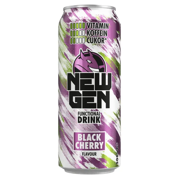 New Gen fekete cseresznye- és tuttifruttiízű, koffeintartalmú, szénsavas, alkoholmentes ital