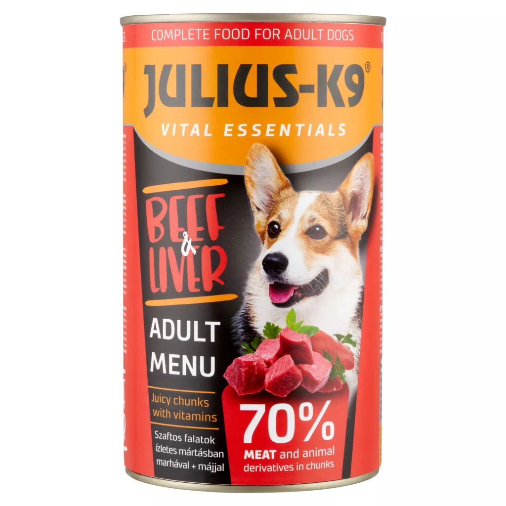 Julius-K9 teljes értékű állateledel felnőtt kutyák számára mártásban marhával + májjal