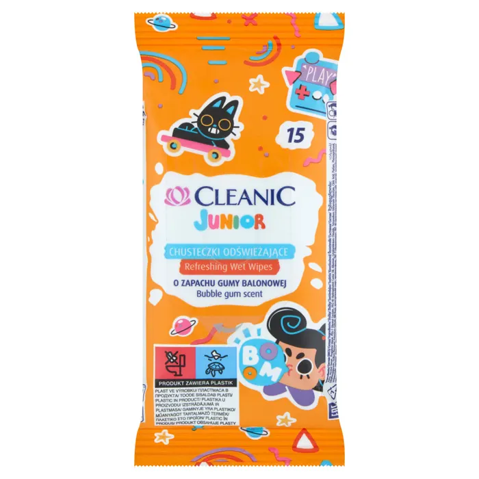 Cleanic Junior rágógumi illatú antibakteriális folyadékkal nedvesített frissítő törlőkendő