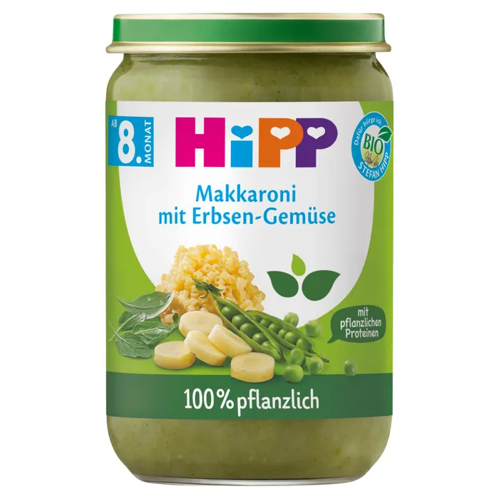 HiPP bio makaróni borsóval, zöldségekkel és borsófehérjével bébiétel 8 hónapos kortól
