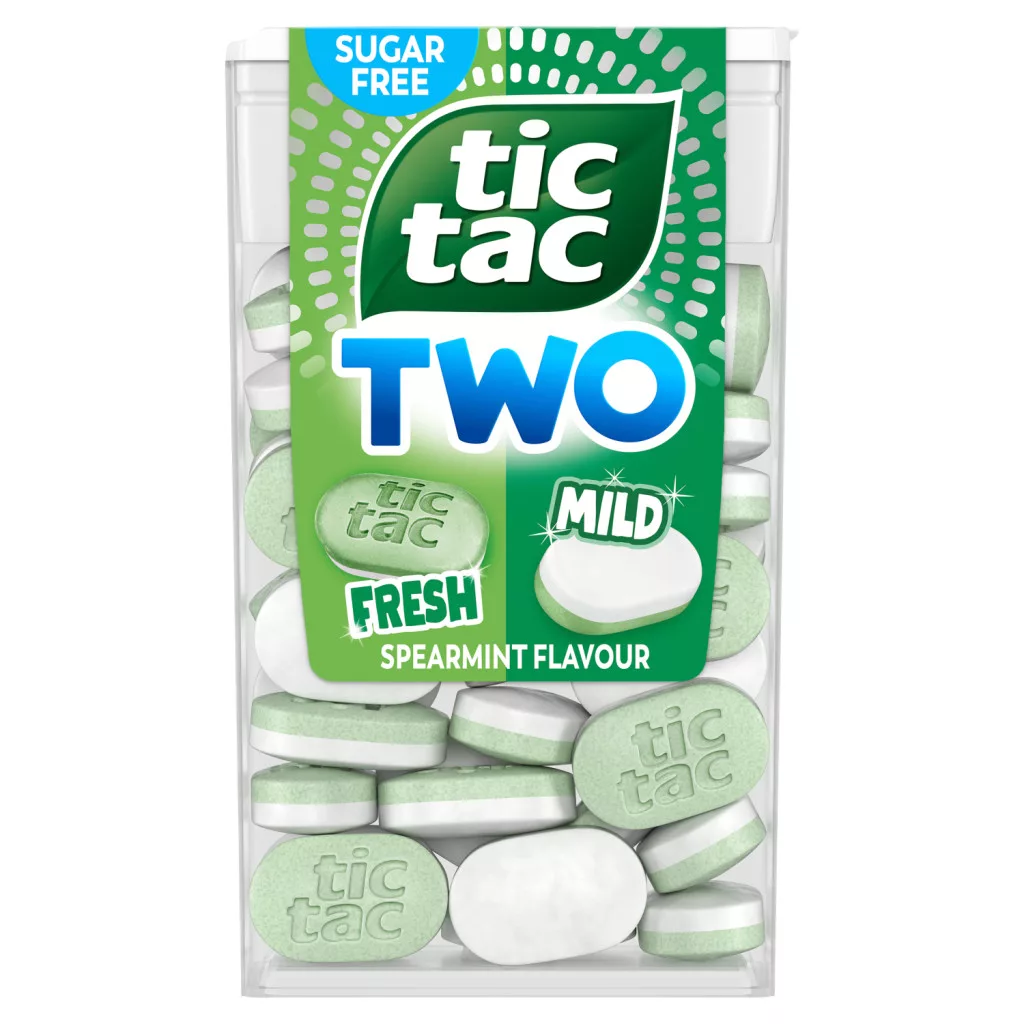 Tic Tac Two Spearmint kétrétegű drazsék, édes és fodormenta ízesítéssel, édesítőszerekkel
