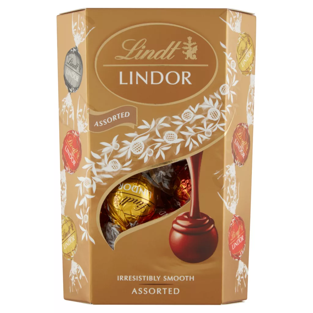 Lindt Lindor tejcsokoládé, fehércsokoládé és extra étcsokoládé pralinék töltelékkel