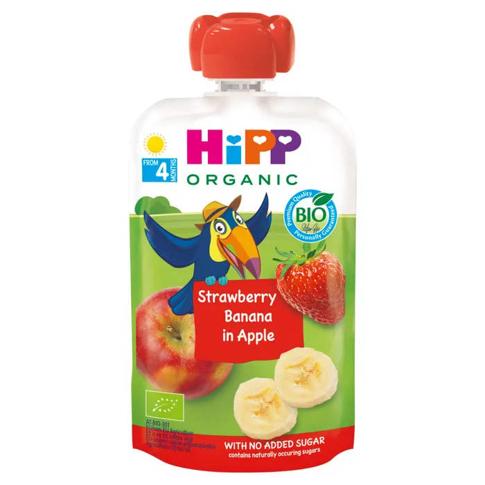 HiPP HiPPiS BIO eper-banán almában gyümölcspép 4 hónapos kortól