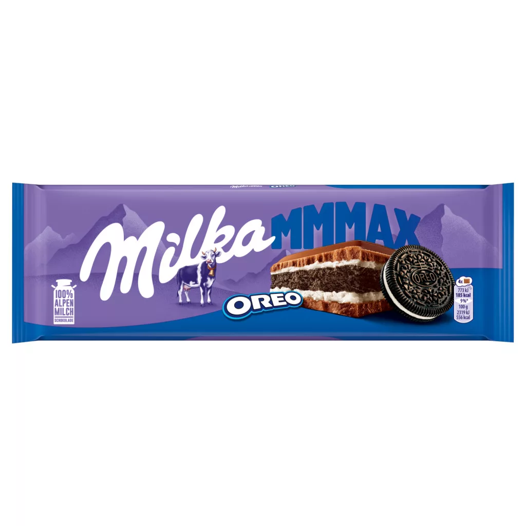 Milka Mmmax Oreo alpesi tejcsokoládé vanília ízű tejes krémtöltelékkel és kakaós keksszel