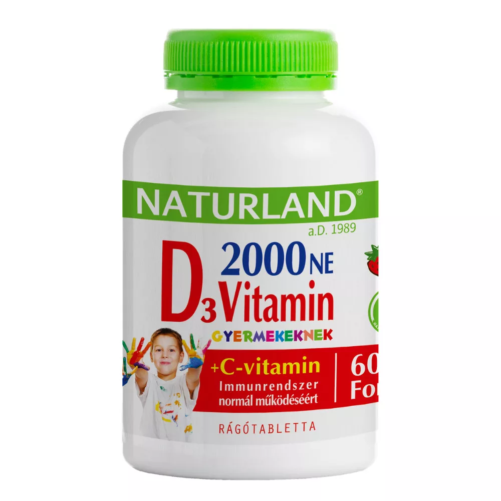 Naturland rágótabletta gyermek D3 Forte+C-vitaminnal eper