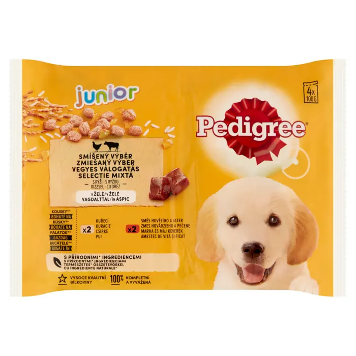 Pedigree Junior teljes értékű vegyes válogatás eledel kölyöknek rizzsel vagdalttal