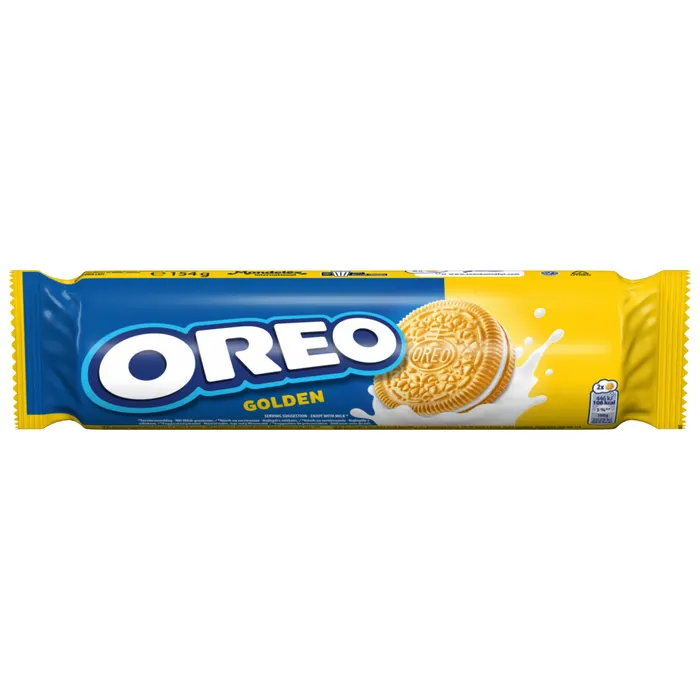 OREO Golden Vaníliaízű Töltött Keksz, vegetáriánusok is fogyaszthatják, 14 db keksz