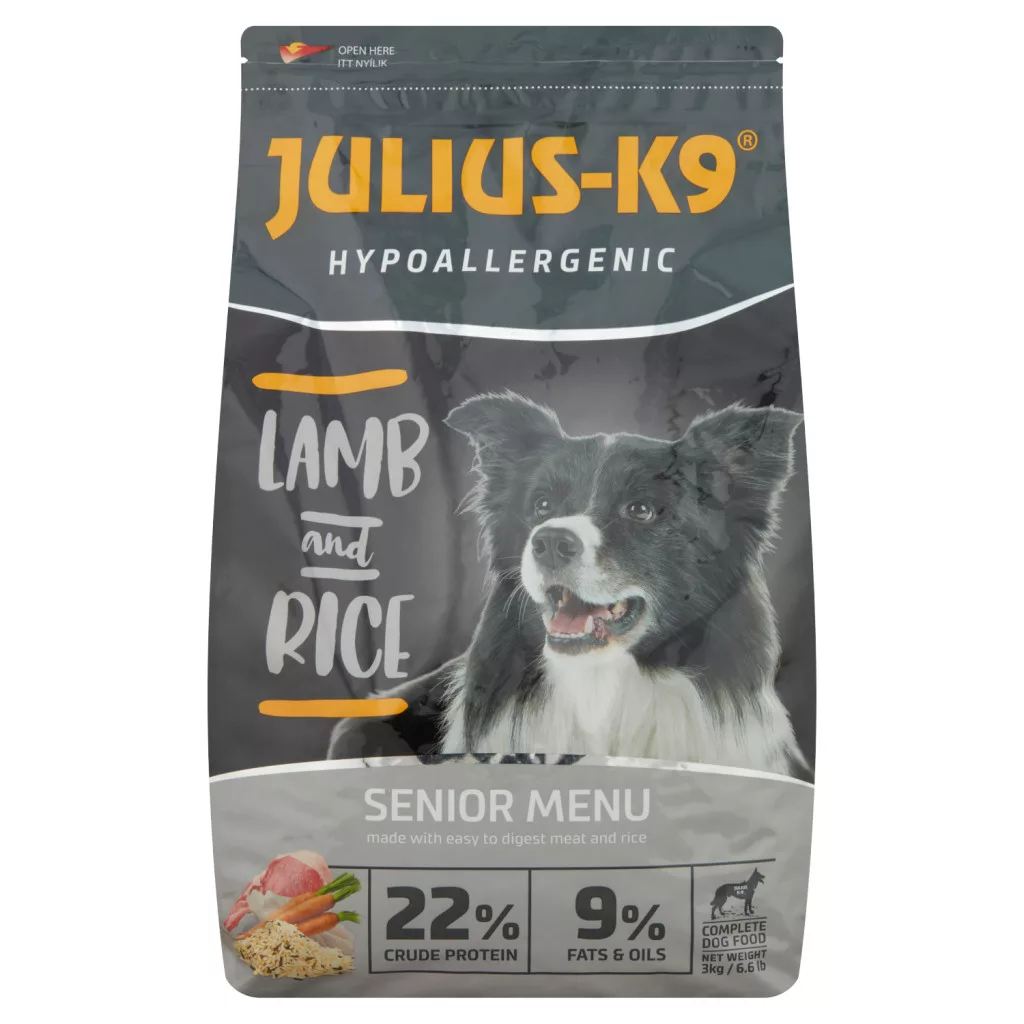 Julius-K9 Hypoallergenic Senior Menu teljes értékű kutyaeledel báránnyal és rizzsel
