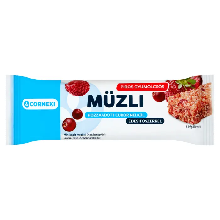 Cornexi piros gyümölcsös müzliszelet hozzáadott cukor nélkül, édesítőszerrel