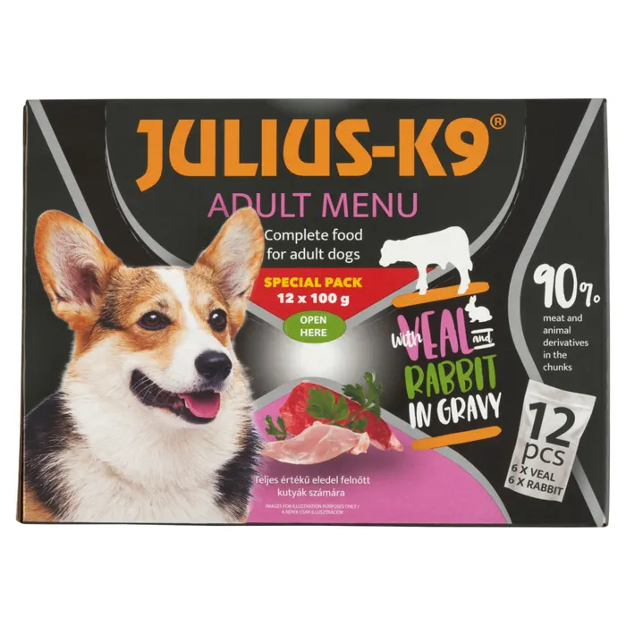 Julius-K9 teljes értékű eledel felnőtt kutyák számára borjúval, nyúllal szószban