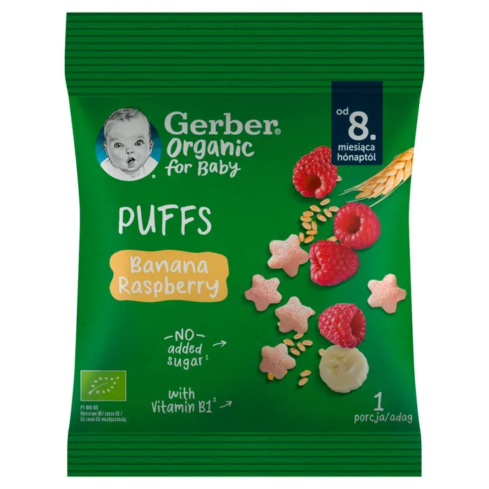 Gerber Organic banános és málnás bio gabonasnack 8 hónapos kortól