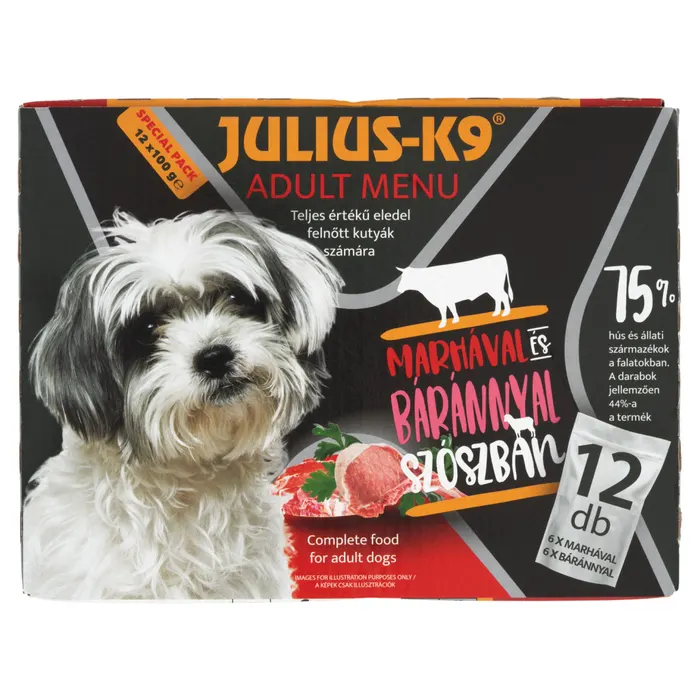 Julius-K9 teljes értékű állateledel felnőtt kutyák számára marhával báránnyal szószban