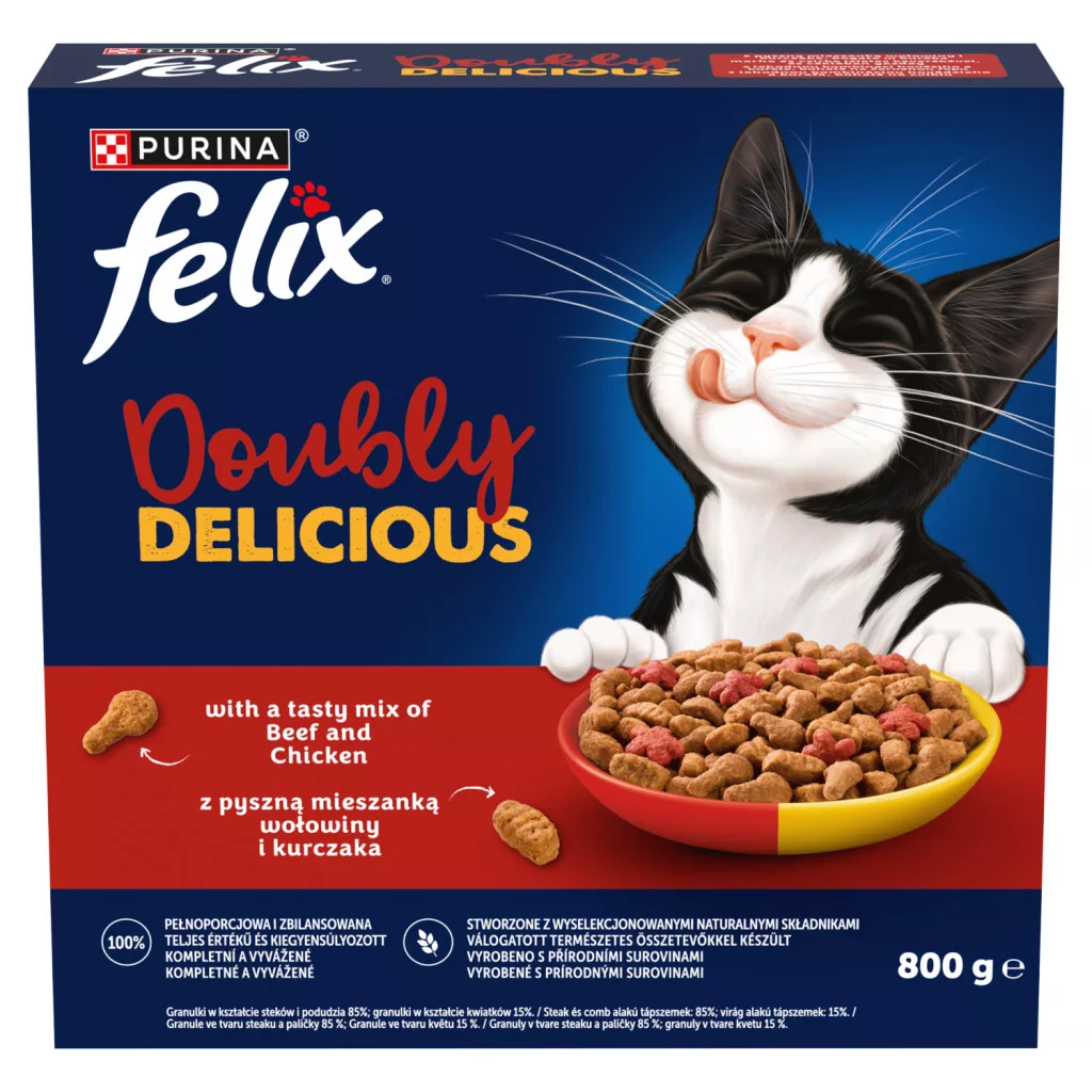 Purina Felix Doubly Delicious marha és csirke keverékével, céklával száraz macskaeledel