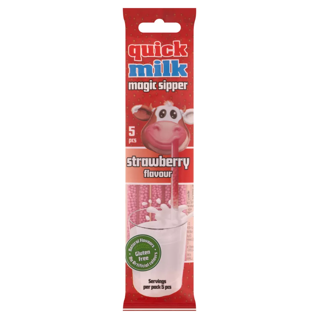 Quick Milk Magic Sipper eper ízű cukordrazséval töltött szívószál