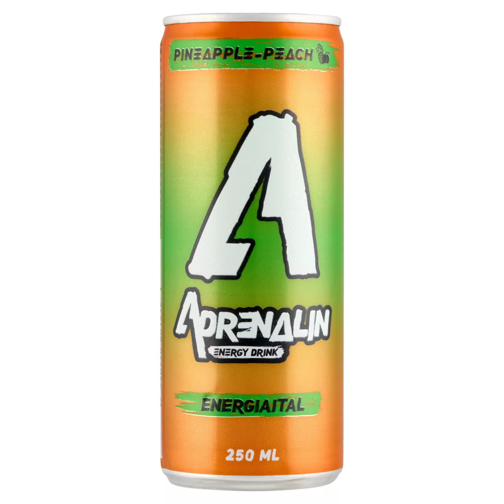 Adrenalin ananász-őszibarack ízű szénsavas energiaital hozzáadott koffeinnel és vitaminokkal