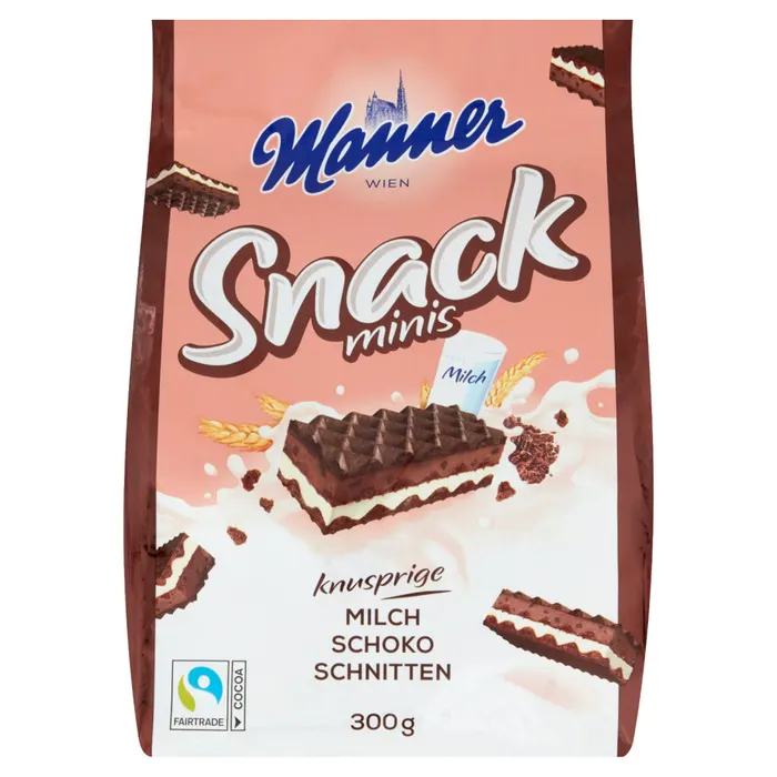 Manner Snack ropogós kakaós ostya tejszínes- és kakaós krémmel töltve, kekszdarabkákkal