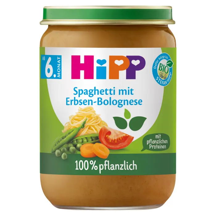 HiPP bio spagetti paradicsomszószban borsóval és borsófehérjével bébiétel 6 hónapos kortól