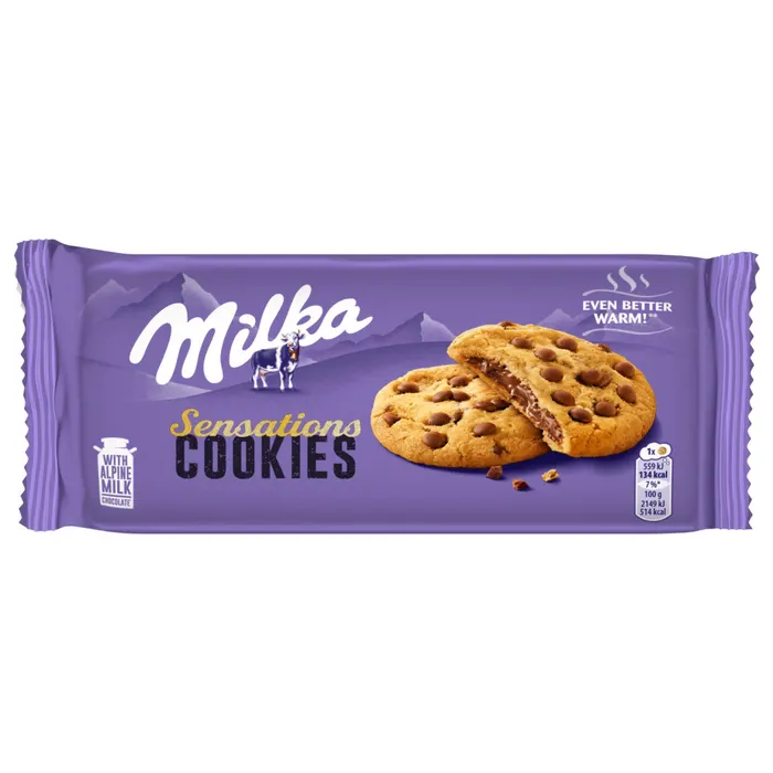 Milka Cookies Sensations keksz alpesi tejcsokoládé darabokkal és tejcsokoládés töltelékkel