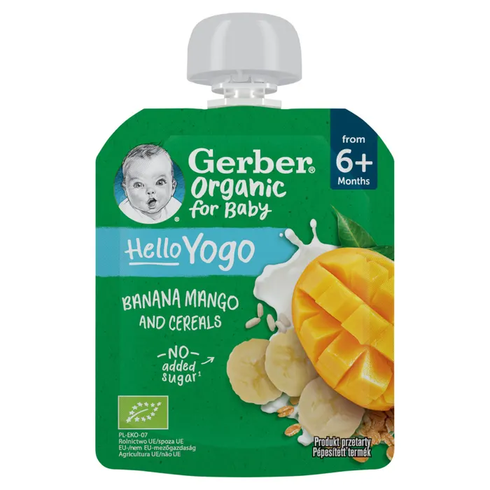 Gerber Organic for Baby Hello Yogo bio banán-mangó gyümölcspüré gabonával 6 hónapos kortól