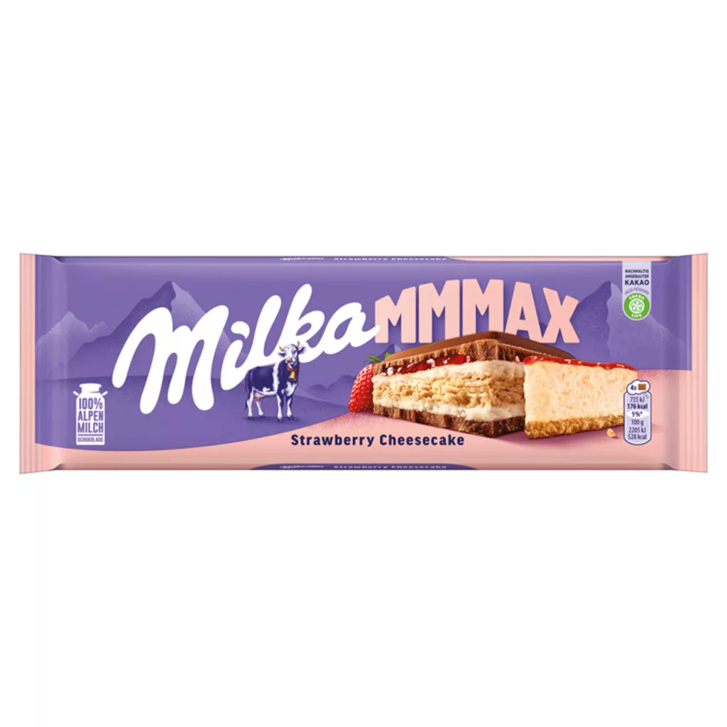 Milka Alpesi Tejcsokoládé Sajttortaízű Krémtöltelékkel, Epres Töltelékkel és Keksszel