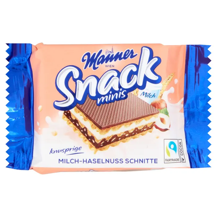 Manner Snack Minis ropogós ostyaszelet mogyorós és tejes krémmel töltve kakaós bevonómasszában