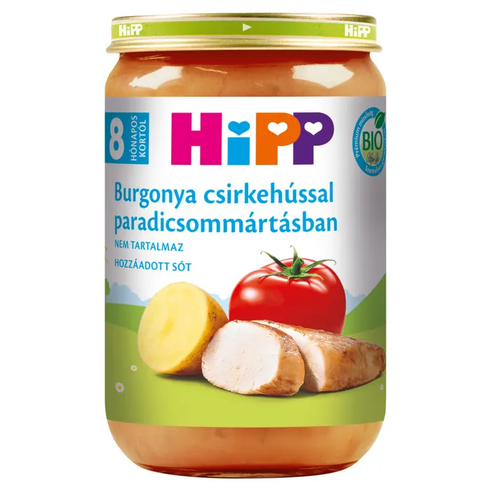 HiPP bio burgonya csirkehússal paradicsommártásban bébiétel 8 hónapos kortól