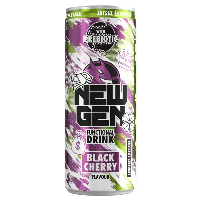 New Gen fekete cseresznye- és tuttifruttiízű, koffeintartalmú, szénsavas, alkoholmentes ital