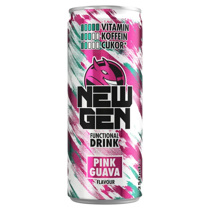New Gen rózsaszín guava- és tuttifruttiízű, koffeintartalmú, szénsavas, alkoholmentes ital