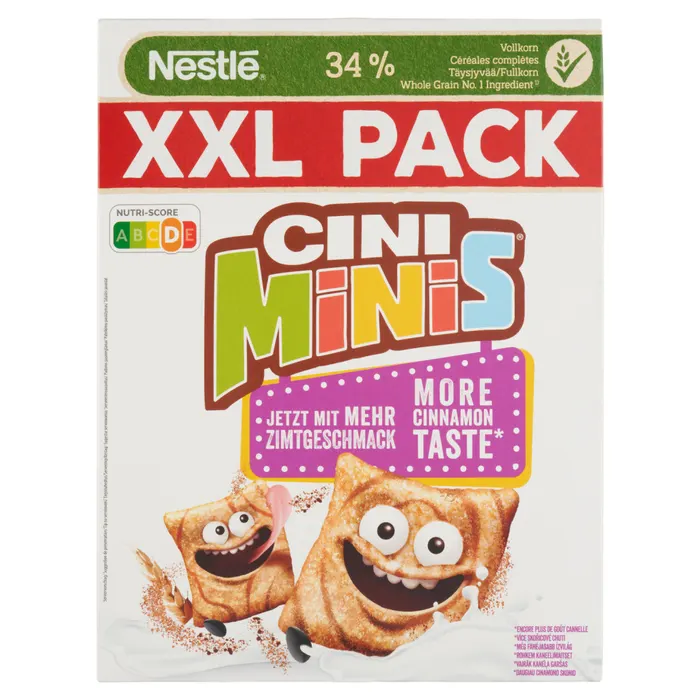 Nestlé Cini Minis ropogós, fahéjas gabonapehely teljes kiőrlésű búzával, vitaminokkal és vassal