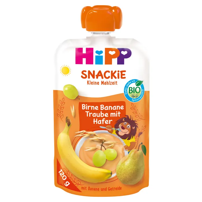HiPP Snackie körte-banán-szőlő zabbal bio gyümölcskészítmény 1 éves kortól